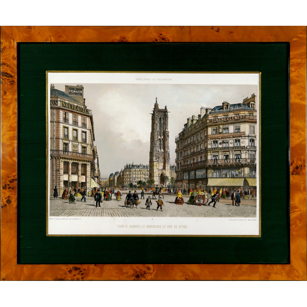 Lithographie - LA TOUR SAINT JACQUES LA BOUCHERIE ET RUE DE RIVOLI - PARIS DANS SA SPLENDEUR- Ep. MILIEU XIXe