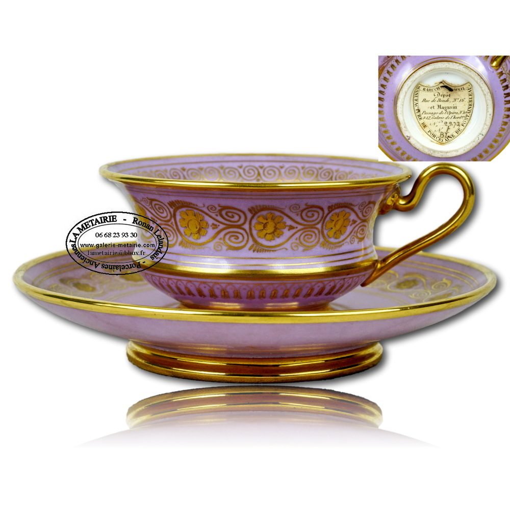 FONTAINEBLEAU - Manufacture de BARUCH-WEIL - RARE TASSE à THE et sa SOUCOUPE - Ep. DEBUT XIXe